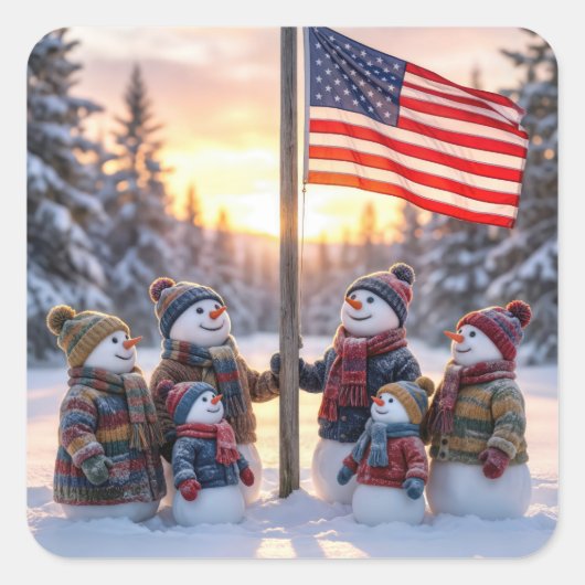 Snowman Family Gathering Around a Flagpole スクエアシール (正面)