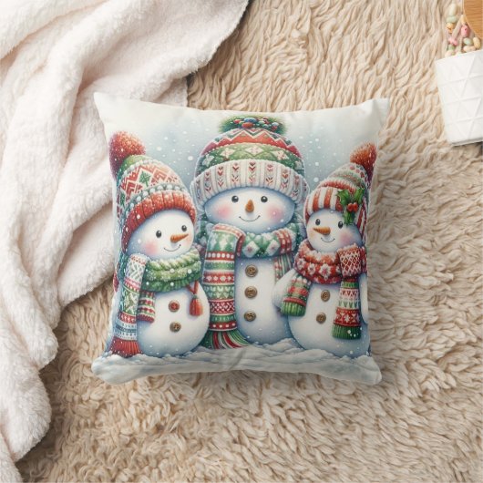 Snowman Family Throw Pillow クッション (ブランケット)