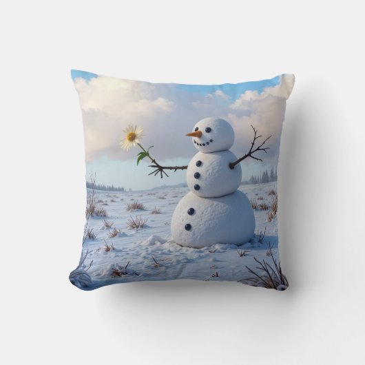 Snowman Holding a White Daisy クッション (正面)