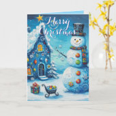 Snowman House – Whimsical Personalized Christmas G カード (黄色い花)