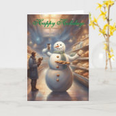 Snowman in a grocery store Happy Holidays  カード (黄色い花)