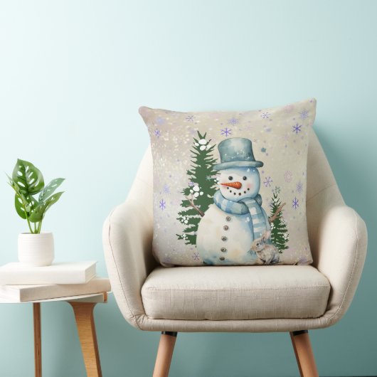 "Snowman in Falling Snow" with Rabbit and Trees クッション (椅子)