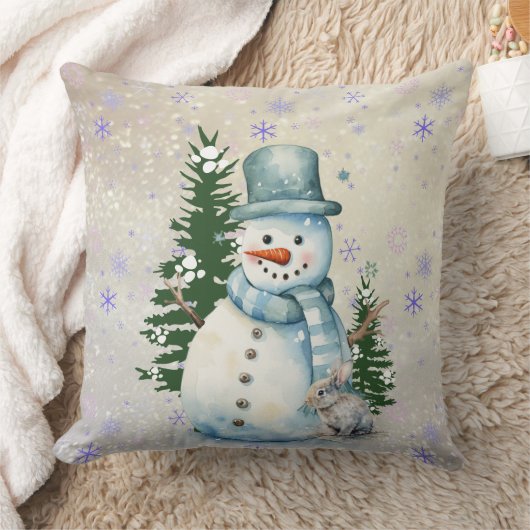 "Snowman in Falling Snow" with Rabbit and Trees クッション (ブランケット)