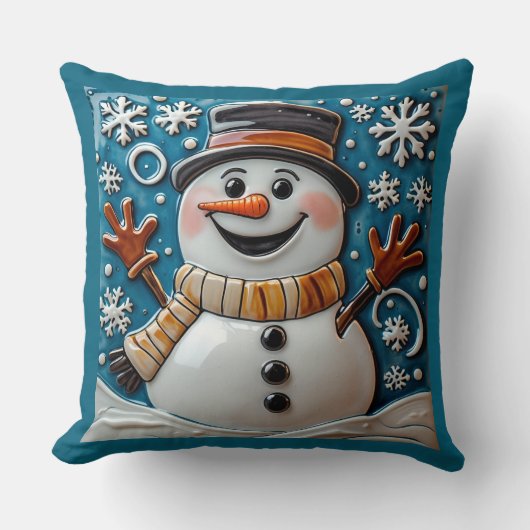 Snowman in Snow Throw Pillow クッション (正面)