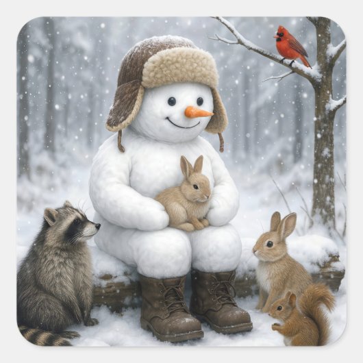 Snowman In Winter Woods With Animal Friends スクエアシール (正面)