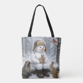 Snowman In Winter Woods With Animal Friends トートバッグ (裏面)