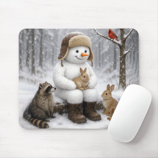 Snowman In Winter Woods With Animal Friends マウスパッド (マウス)