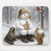 Snowman In Winter Woods With Animal Friends マウスパッド (正面)