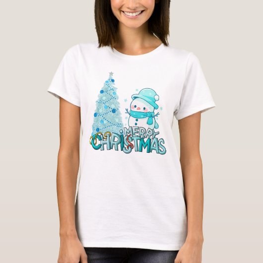Snowman Merry Christmas Xmas Tree Snow T-Shirt Tシャツ (正面)