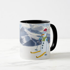Snowman on Skis in snowy mountains Personalize マグカップ