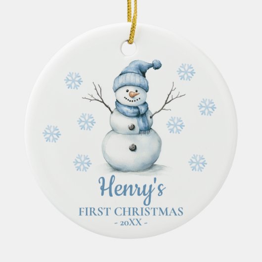 Snowman Personalized Baby's First Christmas セラミックオーナメント (正面)