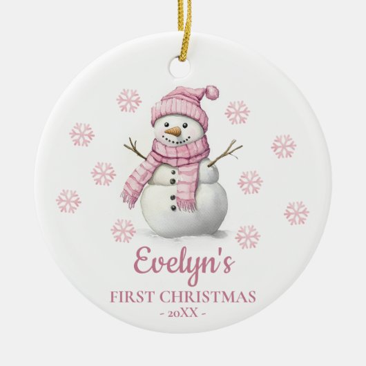 Snowman Personalized Girl's First Christmas セラミックオーナメント (正面)