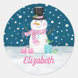 Snowman Pink Cute Personalized Christmas Holiday ラウンドシール