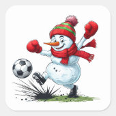 Snowman Playing Soccer Kicking Ball スクエアシール (正面)