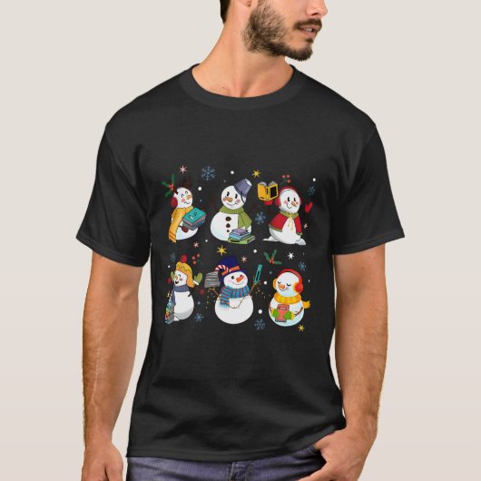Snowman Reading Books Teacher Christmas Librarian Tシャツ (正面)