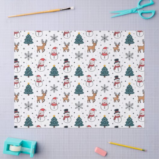 Snowman Reindeer Christmas Tree Pattern 薄葉紙 (クラフト)