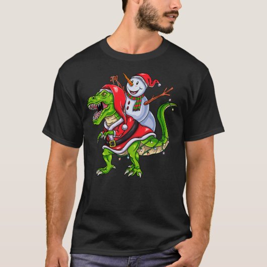 Snowman Riding Christmas Dinosaur Tシャツ (正面)