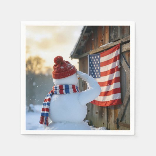 Snowman Saluting an American Flag スタンダードカクテルナプキン (正面)