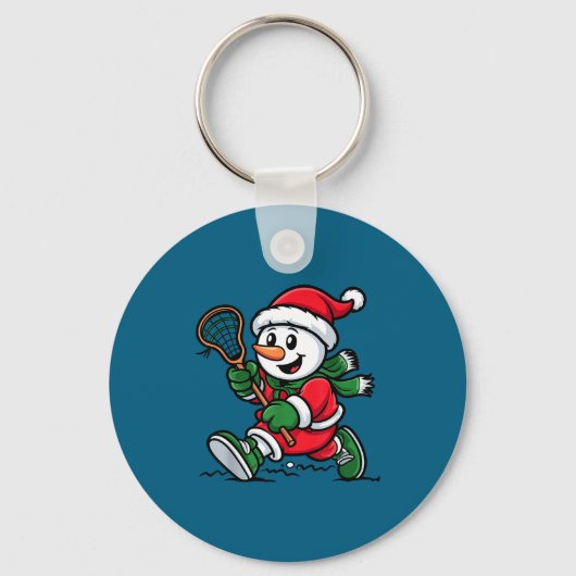 Snowman Santa Hat Playing Lacrosse Christmas Playe キーホルダー (正面)