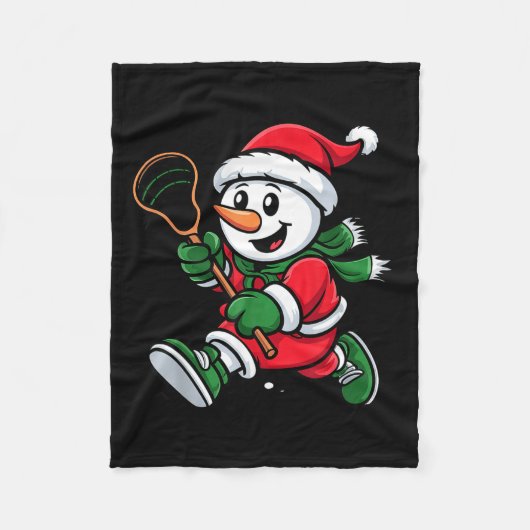 Snowman Santa Hat Playing Lacrosse Christmas Playe フリースブランケット (正面)