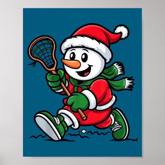 Snowman Santa Hat Playing Lacrosse Christmas Playe ポスター (正面)