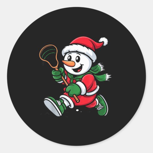 Snowman Santa Hat Playing Lacrosse Christmas Playe ラウンドシール (正面)