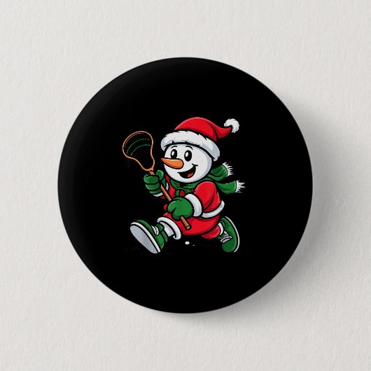 Snowman Santa Hat Playing Lacrosse Christmas Playe 缶バッジ (正面)