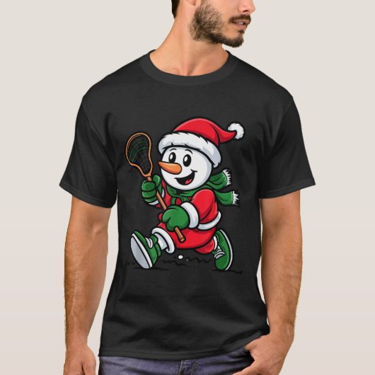 Snowman Santa Hat Playing Lacrosse Christmas Playe Tシャツ (正面)