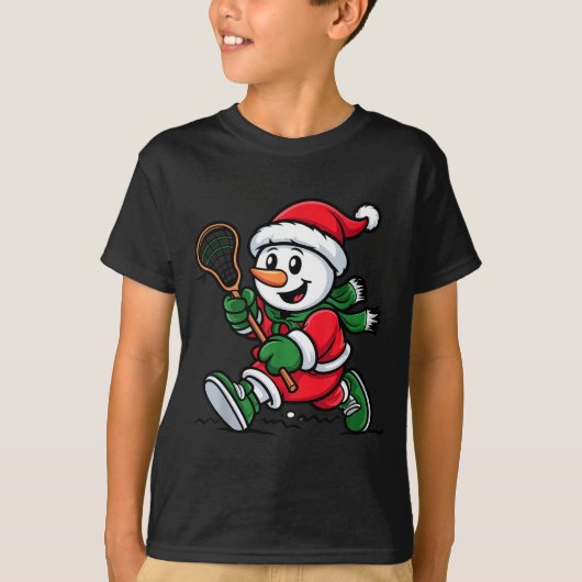 Snowman Santa Hat Playing Lacrosse Christmas Playe Tシャツ (正面)