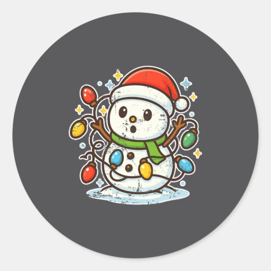 Snowman Tangled In Holiday Lights Premium Tri-blen ラウンドシール (正面)