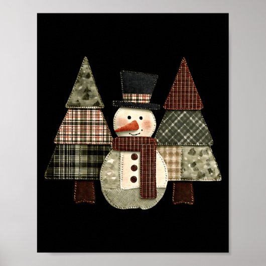 Snowman Trees Patchwork Plaid Trees Rustic Christm ポスター (正面)