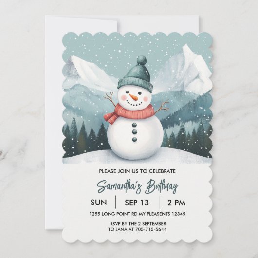Snowman Winter Wonderland Blue Birthday 招待状 (正面)
