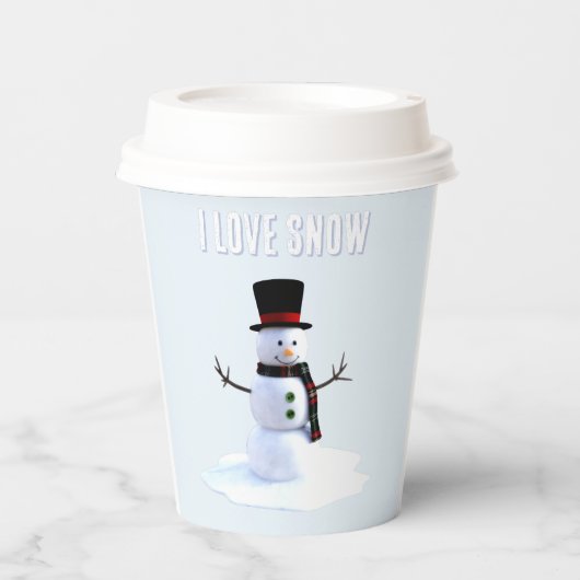 Snowman with hat and scarf. I Love Snow 紙コップ (正面)