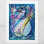 SNOWMAN WITH OWL チラシ<br><div class="desc">Whimsical , colorful and cool Winter night illustration , watercolor painting in vibrant blue white, pink, colors .</div>