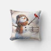 Snowman With Red Cardinal Bird クッション (正面)