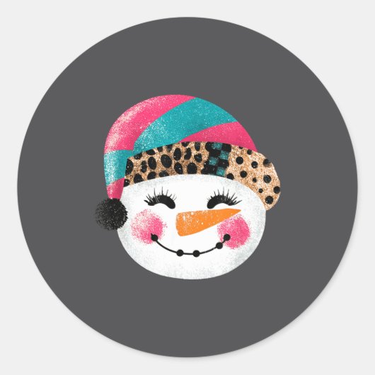 Snowman With Santa Hat And Leopard Pattern  ラウンドシール (正面)