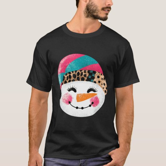 Snowman With Santa Hat And Leopard Pattern Tシャツ (正面)