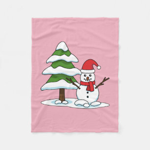 Snowman with Snowy Pine Tree フリースブランケット