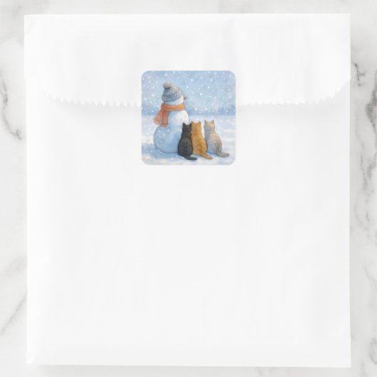 Snowman With Three Cats In a Snowy Field スクエアシール (バッグ)