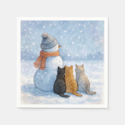 Snowmen and Cats In a Snowy Field スタンダードカクテルナプキン (正面)