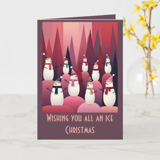 Snowmen Pink Theme Design Kitschy Christmas カード (黄色い花)