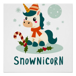 Snownicorn Cute Unicorn Snowman Christmas Girl T-S ポスター