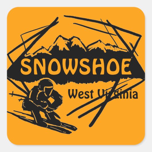 Snowshoe West Virginiaオレンジ色のスキーロゴスタンプ スクエアシール (正面)