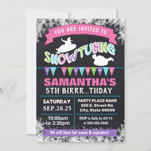 Snowtubの誕生日のピンクの浮き出しパーティーbash 招待状 (正面)