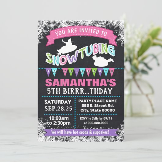 Snowtubの誕生日のピンクの浮き出しパーティーbash 招待状 (スタンド正面)