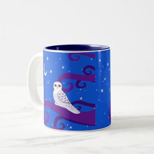 Snowyのフクロウの三日月形の月夜森林芸術 ツートーンマグカップ (正面左)