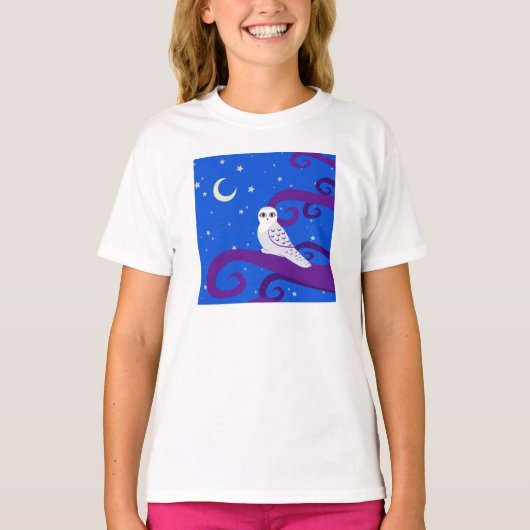 Snowyのフクロウの三日月形の月夜森林芸術 Tシャツ (正面)