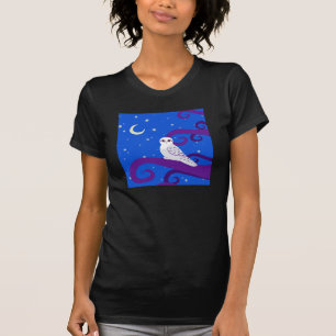 Snowyのフクロウの三日月形の月夜森林芸術 Tシャツ