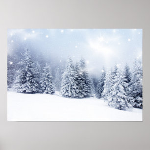 Snowyのモミの木2が付いているクリスマスの背景 ポスター