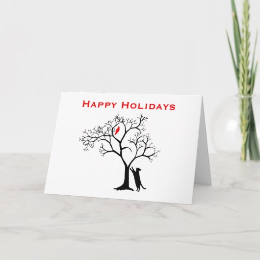 Snowyの冬の木及び猫カードの基本的で赤い鳥 シーズンカード (正面)